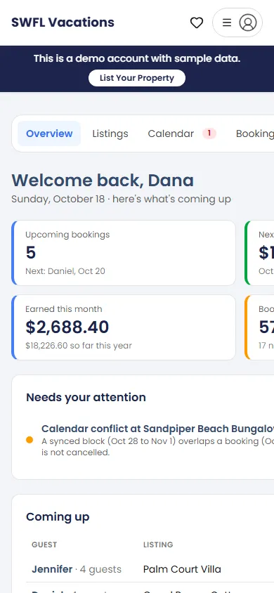 The SWFL Vacations host dashboard overview for a sample account: upcoming bookings, next payout, earnings by month and a list of what is coming up.