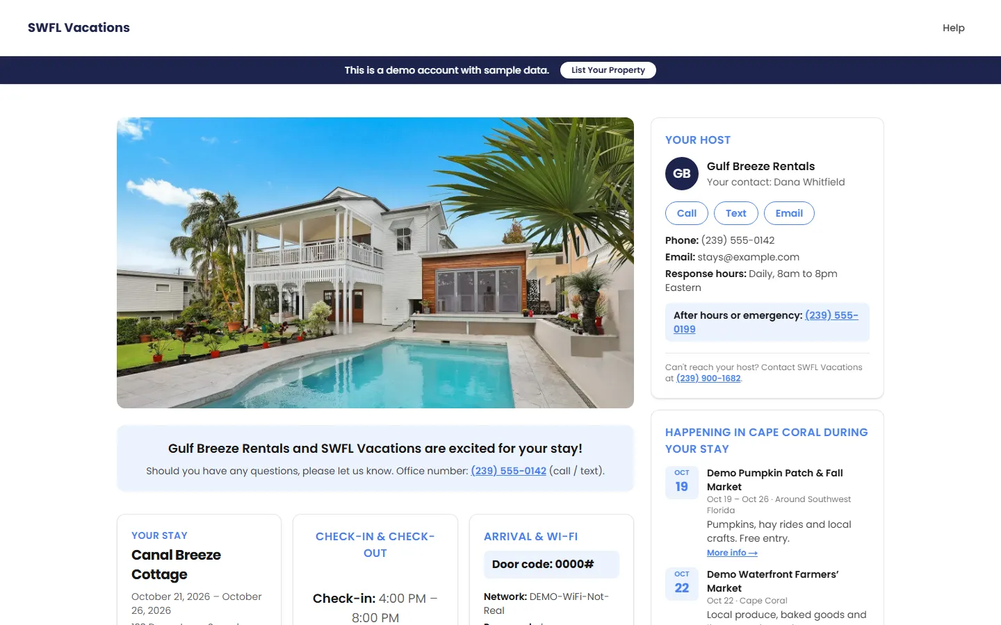A guest stay page for a sample booking: photo of the house, arrival dates, door code, WiFi network and password, and house rules.