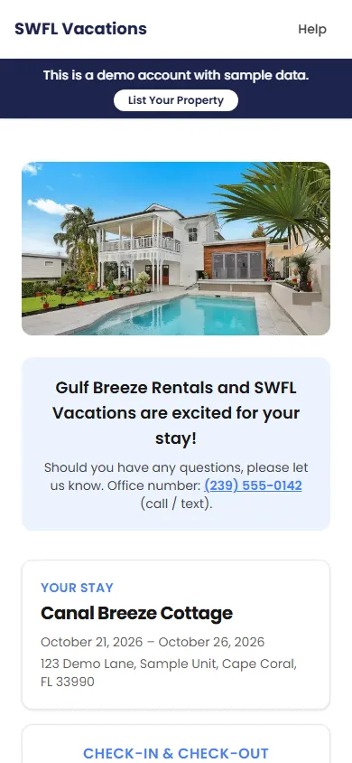 A guest stay page for a sample booking: photo of the house, arrival dates, door code, WiFi network and password, and house rules.